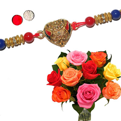 "Fancy Rakhi - FR-8450 A (Single Rakhi),12 Mixed roses flower bunch - Click here to View more details about this Product